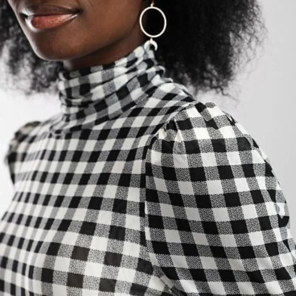 Free People Gather Turtleneck Top Black Combo Gingham Mesh Puff Sleeve M NWT - Picture 4 of 14